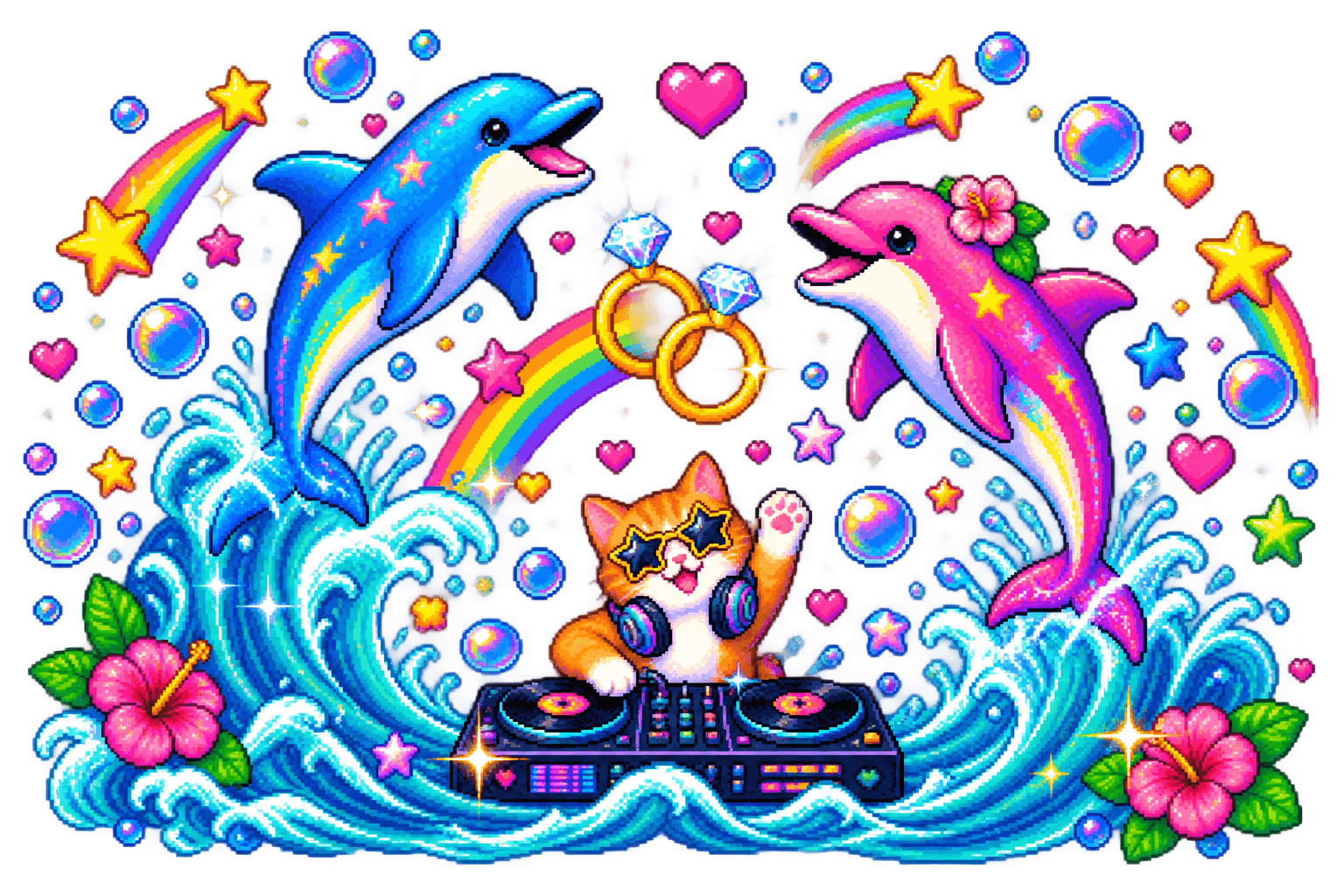 Pixel-art dolphins, a DJ cat, rainbow waves, and engagement rings